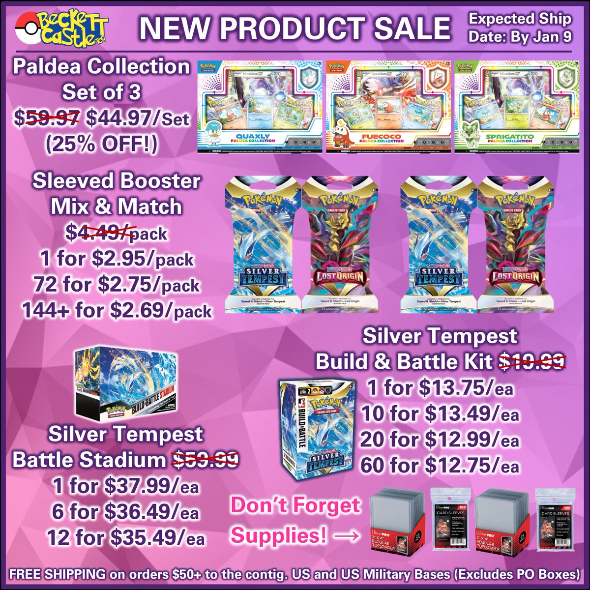 NEW Paldea Collections + Restocked Sleeved Packs!
>>> beckettcastletcg.com/sealed-new-pro…

@PokemonTCGSaver @iamapokeMOM @PokemonTCGDrops @PokemonRestocks

#pokemon #pokemontcg #silvertempest #paldea #lostorigin #boosterpack