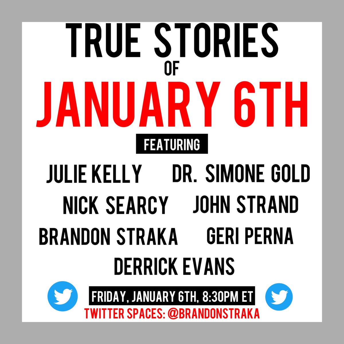 Finally-the TRUE stories of J6 & it’s horrifying aftermath from the people who lived them.

This Fri, Jan 6, 8:30pm ET join @drsimonegold @julie_kelly2 @yesnicksearcy @DerrickEvans_WV @FrontlineFlash & more for stories that will shock you. 

Set reminder: twitter.com/i/spaces/1MYGN…