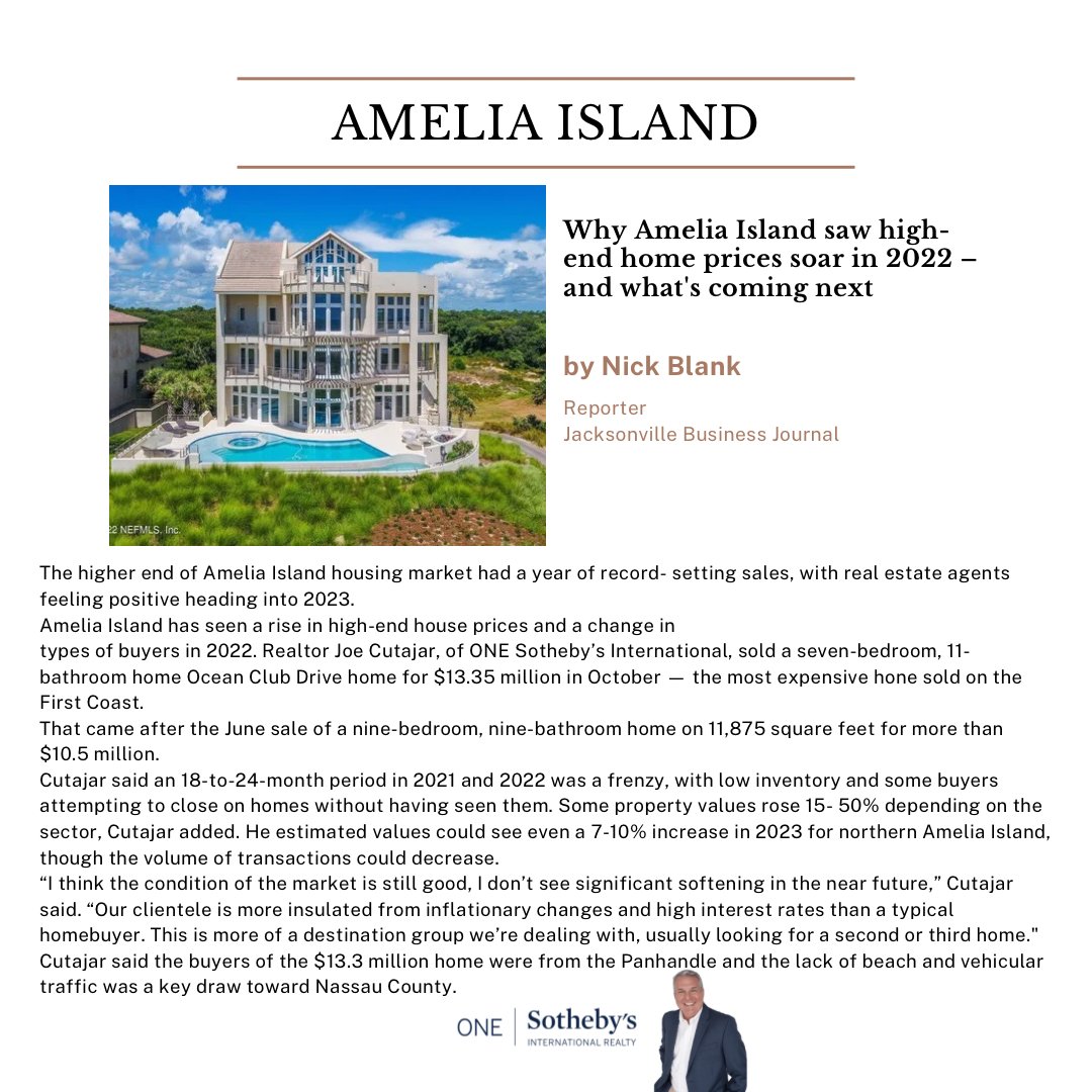 CutajarJoe's tweet photo. Why Amelia Island saw high
end home prices soar in 2022
and what’s coming next 🏡
https://t.co/e65SjjbfhN
 🌴
One Sotheby’s International Realty
Joe Cutajar | 904.753.0365
Visit my website ⬇️
https://t.co/h4pRFTOR3Z
#Cutajar #Sir #OneSothebys #AmeliaIsland #Florida #jacksonville https://t.co/WolyyJVn64