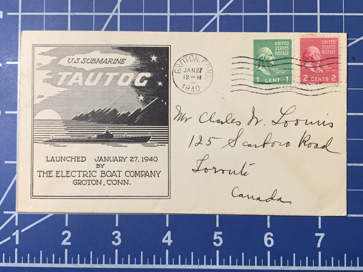United States. 27 January 1940. 1 and 2 cent 1938 Presidential issue. Commemorates the US Submarine TAUTOG. It was launched that day from The Electric Boat Company, Groton, CT. #philately #stampcollecting #ww2 #navy #electricboat