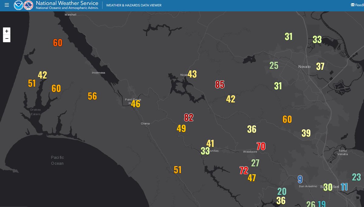 NWSBayArea's tweet photo. Impressive wind showing up in Marin.  Gusts up to 85 mph now (4:10-4:30)! #cawx https://t.co/D2VSUN768s