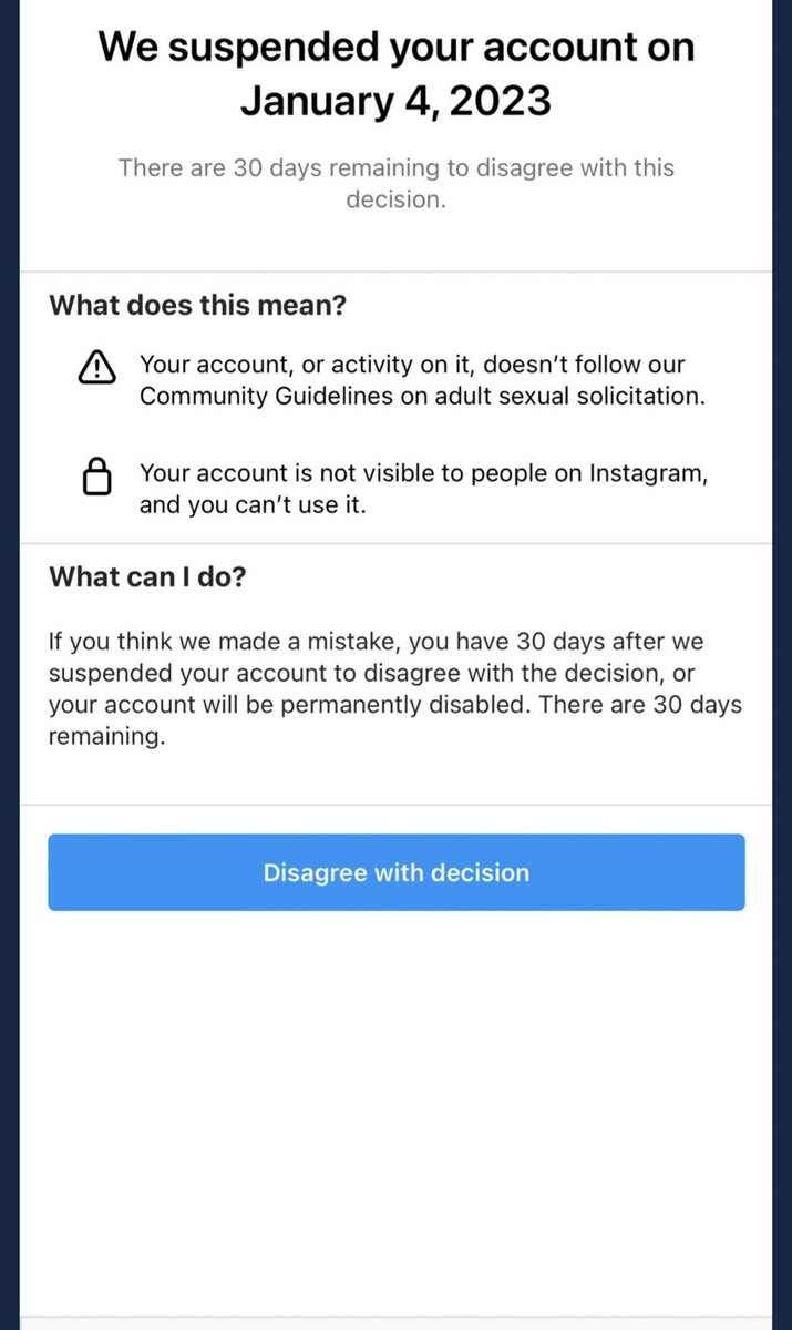 MsAbigailMac's tweet photo. How I have got my Instagram back, my backup IG and several other models a thread:

You might see a page that looks like this or similar. Hit disagree with this decision. Then it should let you send them an email as to why you disagree. 

THIS IS IMPORTANT. You must sound https://t.co/wwhKAiLW1o