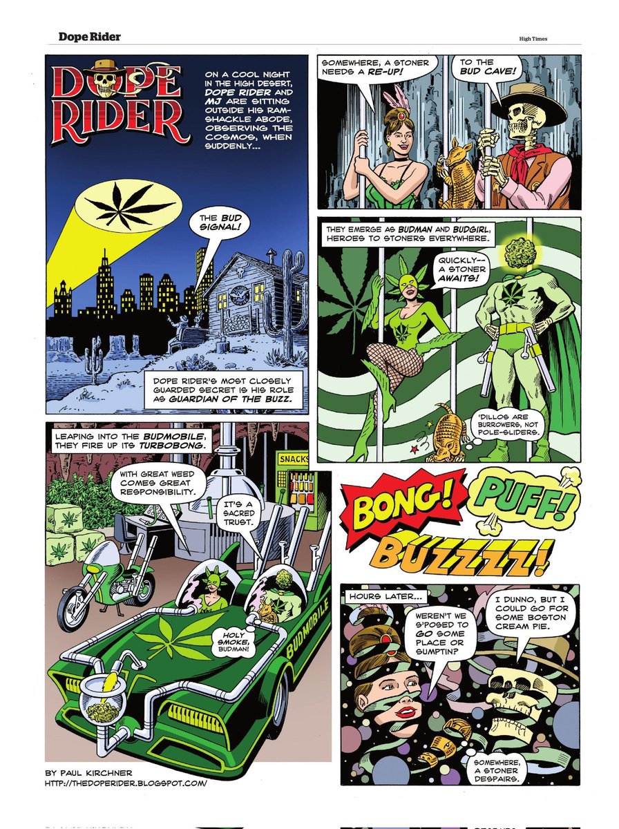 HIGH_TIMES_Mag's tweet photo. Budman, Dope Rider's alter ego. Created by Paul Kirchner, #DopeRider first appeared in High Times in 1975, making appearances throughout the 70's &amp; 80's. After a long hiatus, the cannabis cowboy returned to the magazine in 2015.

🎨: https://t.co/0H2zRB1UWA #weedartwednesday https://t.co/jgvq1wf1Ta