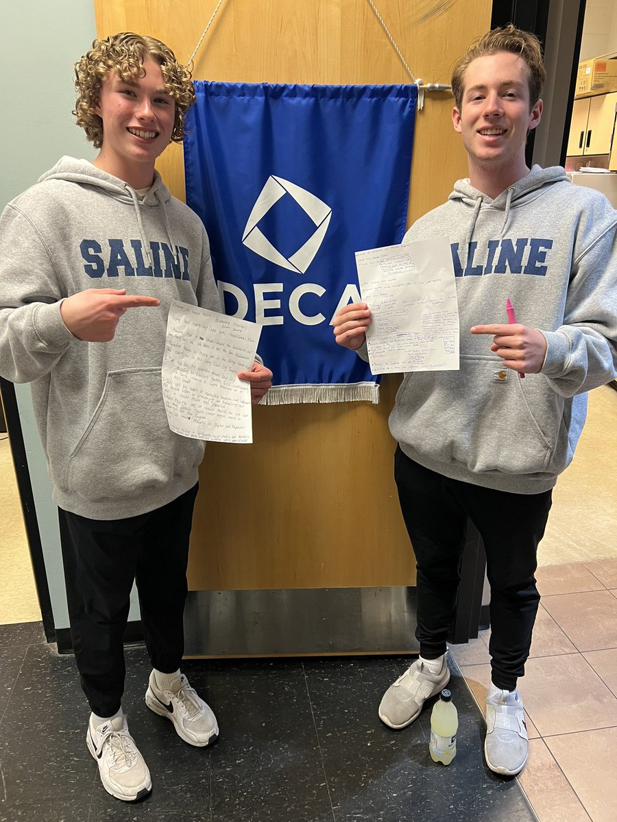Not only were these two successful in their practice role-plays for our upcoming DECA competition, but 👀 at their unplanned matching outfits! 😀(Sweatshirts purchased from our very own school store, The EDGE.) <a href="/SalineHS/">Saline High School</a> <a href="/SalineSchools/">SalineSchools</a> @SWWCExecDir