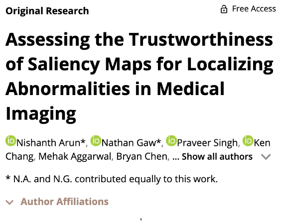 T1 And the #1 spot for most cited paper from @RadiologyAI in 2022 goes to Assessing the trustworthiness of Saliency Maps for Localizing Abnormalities in Medical Imaging by Arun et al from @MGHImaging! #RadAIChat pubs.rsna.org/doi/10.1148/ry…
