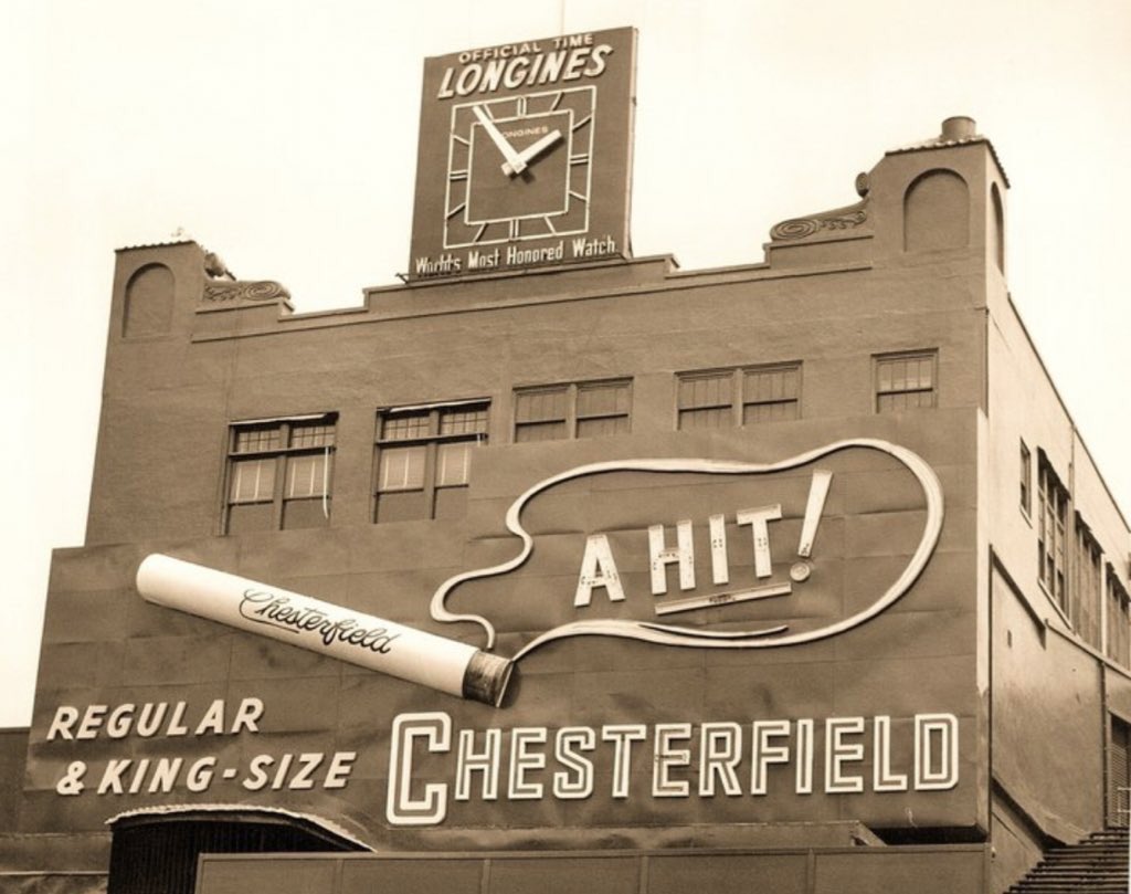 MLBcathedrals's tweet photo. When a player on the Giants got a hit at the Polo Grounds, the “A-HIT!” sign would light up and a puff of smoke would come out of the cigarette. https://t.co/HrEekuWyty