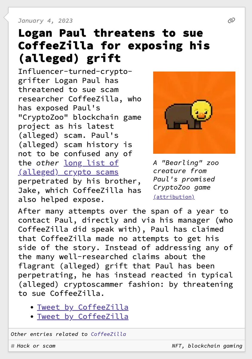 Logan Paul threatens to sue CoffeeZilla for exposing his (alleged) grift  January 4, 2023 https://t.co/vuqpsaXUsQ