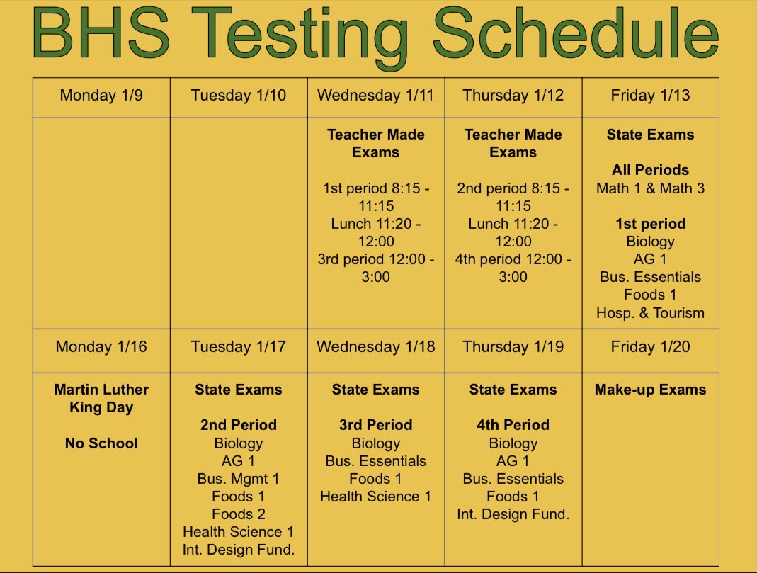 bunnhs's tweet photo. Hey Wildcats!

Here is a rundown of our exam schedule! Exams start next week. Make sure your making these last couple of days count! https://t.co/e1tuLaBilf