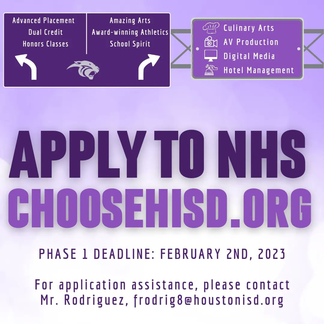 Interested in Northside HS!? We've got MUCH to offer at the home of our Purple and Gray!

Stop by for a Thursday Tour &amp; be sure to APPLY at CHOOSEHISD.ORG by 2/2/23.

Contact Mr. Rodriguez for more information. #iChooseNHS💜🤍🐾