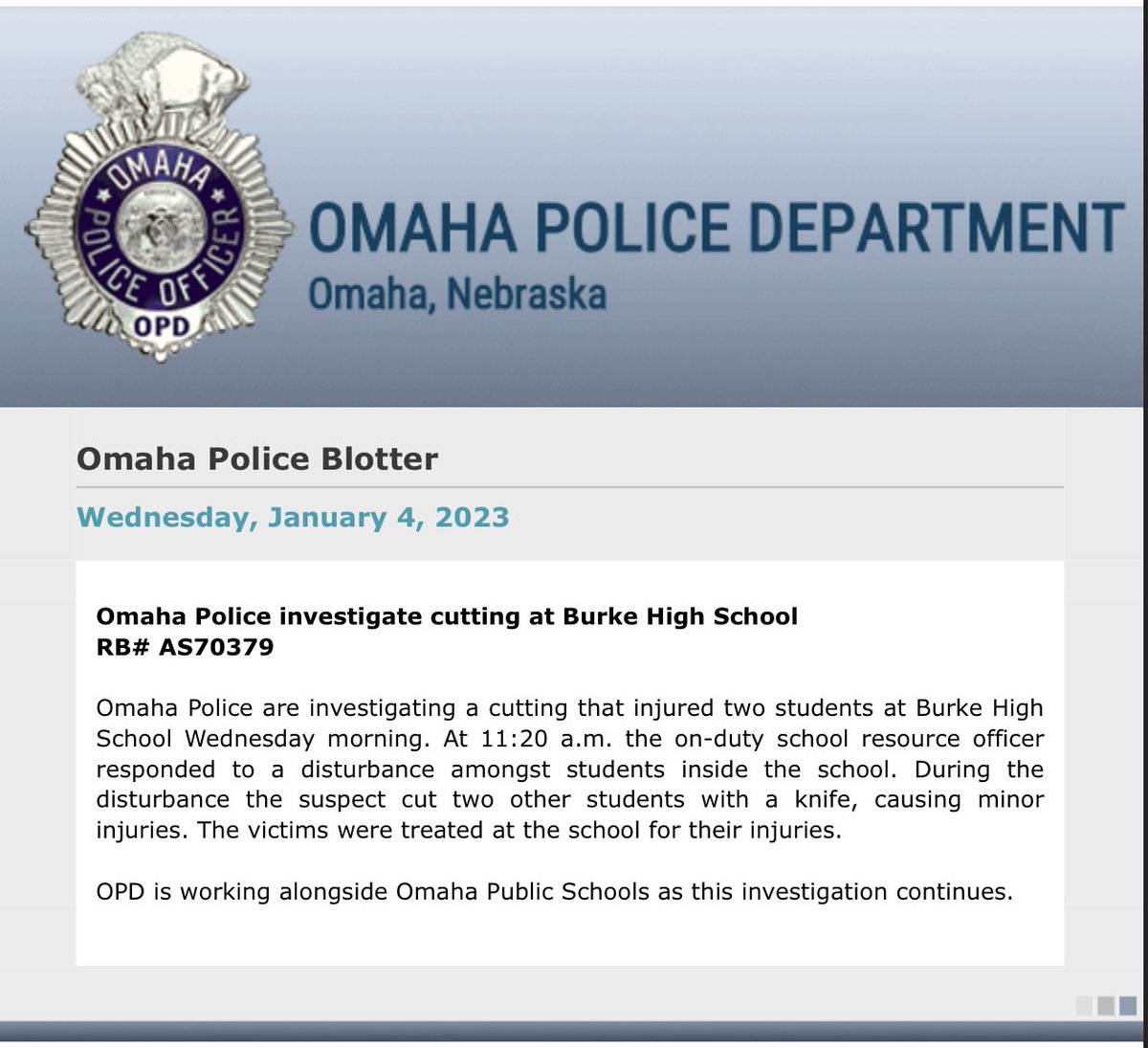 omaha_scanner's tweet photo. .@OmahaPolice are investigating a cutting at Burke High School that left two students with minor injuries. OPD is working alongside @OmahaPubSchool as the investigation continues. https://t.co/mavMcQcRUs
