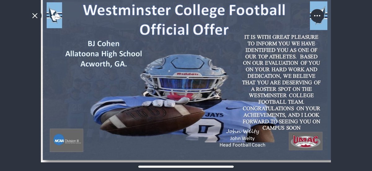 Bjcohen001's tweet photo. #AGTG After a great conversation with @ekern2 I’m very blessed and thankful to have received me 6th offer from @WestminsterMO @RecruitGeorgia @WC_BlueJays https://t.co/uMJN58X6xe