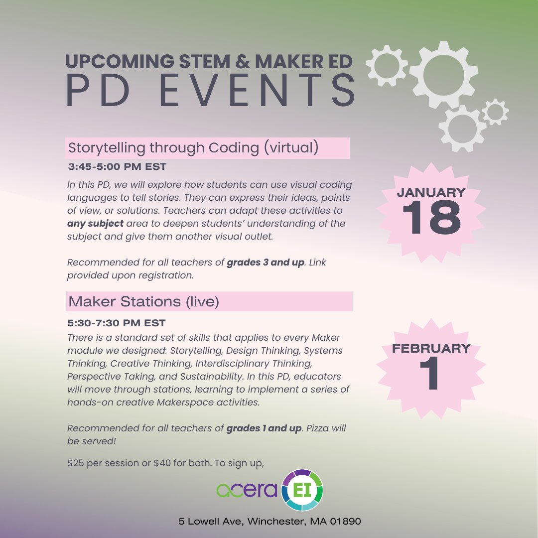 Acera_EI's tweet photo. New in 2023: Professional Development for teachers in Storytelling Through Coding and Maker Stations. #teachers #STEM  #makered  https://t.co/ax95IJDXt8 https://t.co/2B4zJOw1Zs