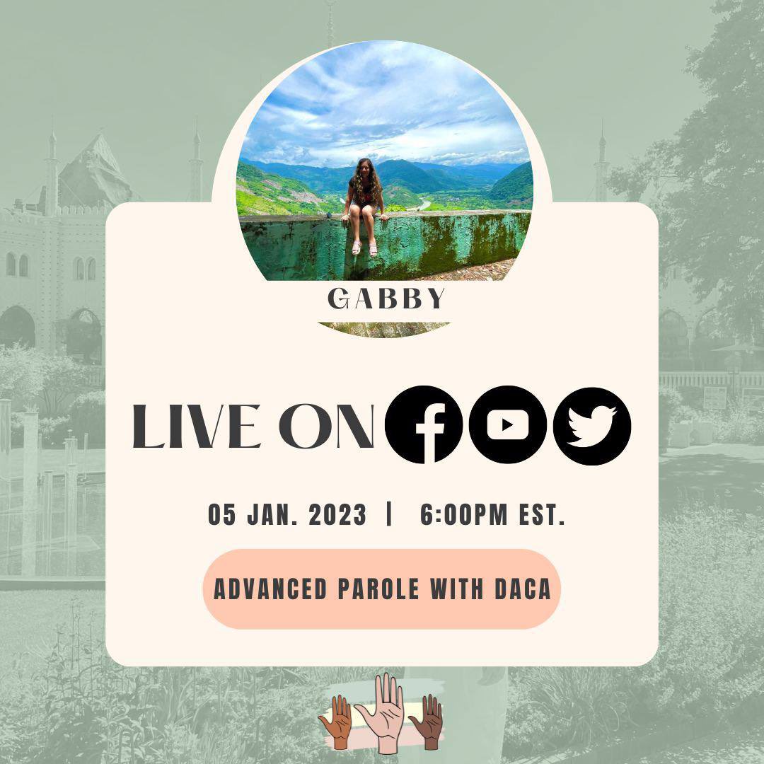 dreamers2gether's tweet photo. Please join us Live tomorrow to learn more about AP with Gabby. Stay informed!!
#AdvancedParole #DACA #immigration #Dreamers https://t.co/cFLPLtUjSb