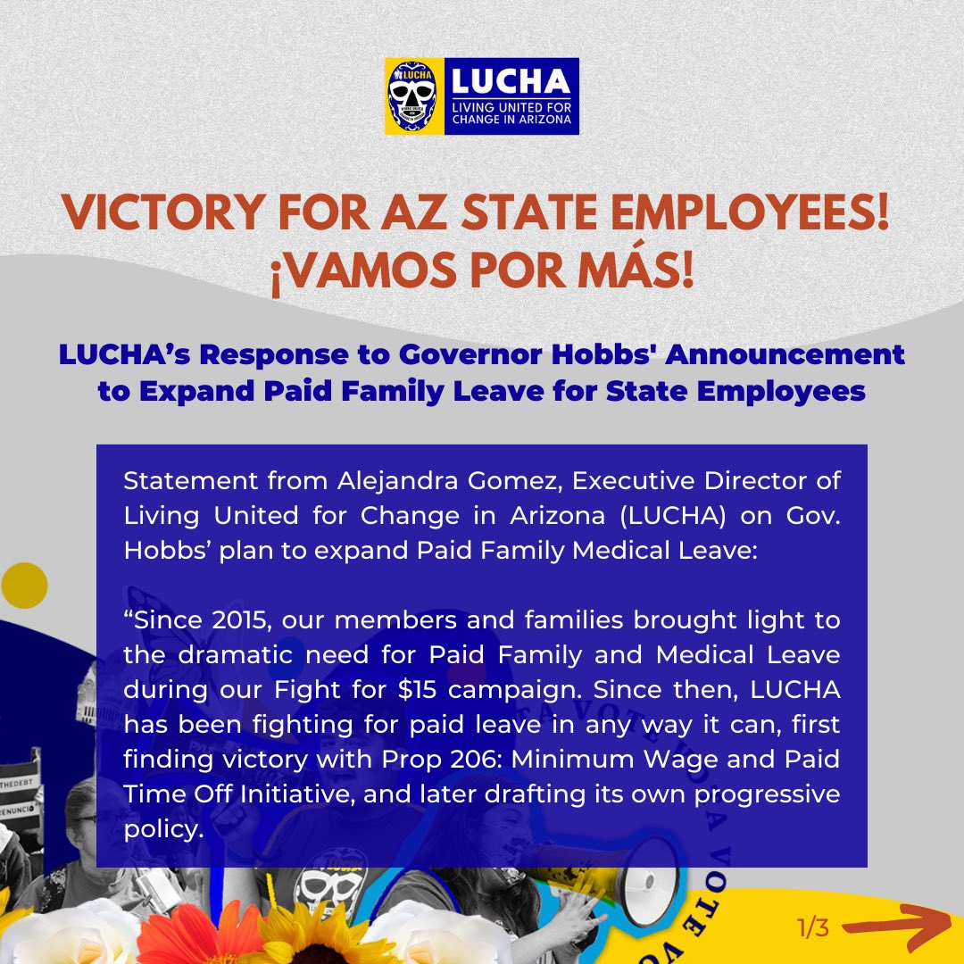 LUCHA_AZ's tweet photo. FOR IMMEDIATE RELEASE:
Wednesday, Jan. 4, 2023
Media Contact: press@luchaaz.org
LUCHA’s Statement on Governor Hobbs’ Announcement to Expand Paid Family Leave for State Employees: #LuchaBlue #Hobbs100 https://t.co/iX7RwhTWMu