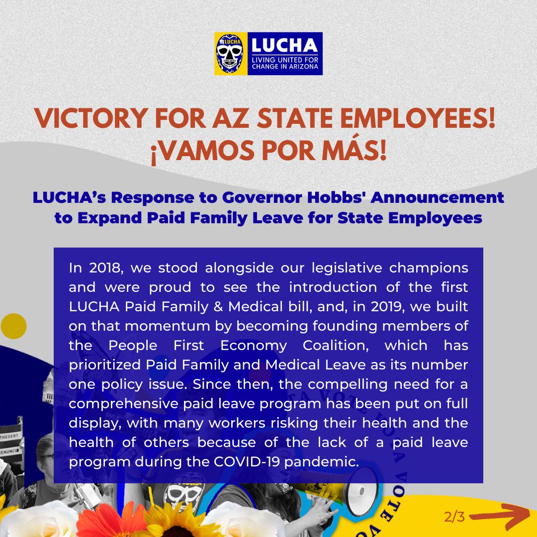 LUCHA_AZ's tweet photo. FOR IMMEDIATE RELEASE:
Wednesday, Jan. 4, 2023
Media Contact: press@luchaaz.org
LUCHA’s Statement on Governor Hobbs’ Announcement to Expand Paid Family Leave for State Employees: #LuchaBlue #Hobbs100 https://t.co/iX7RwhTWMu