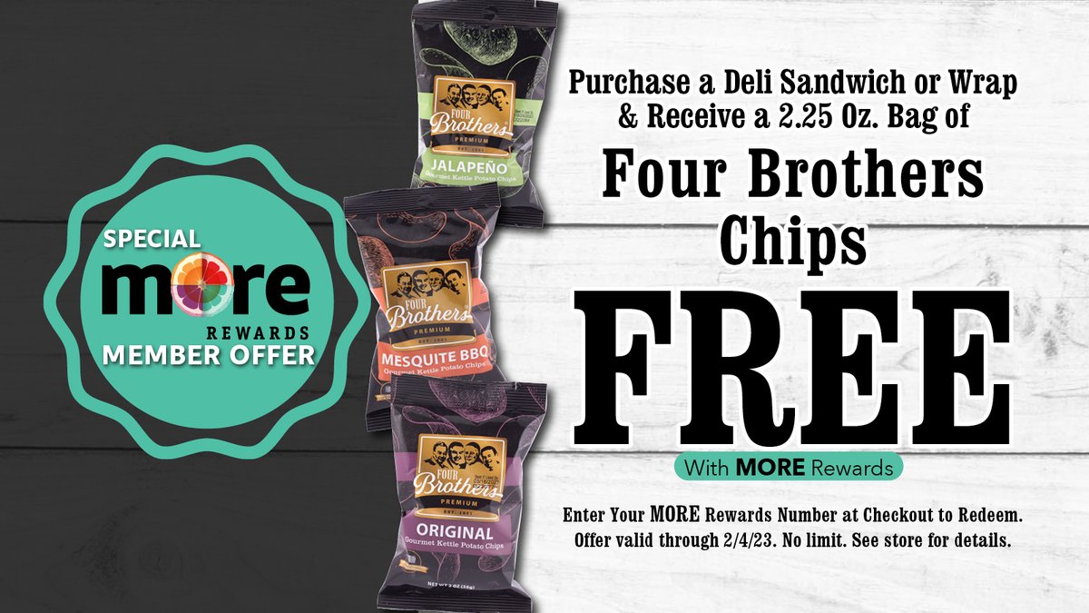Coborns's tweet photo. Now through 2/4, get a FREE bag of chips w/purchase of select deli sandwiches🥪 & wraps w/MORE Rewards!
Not a MORE Rewards member? Sign up today!
➡️ https://t.co/WKtQ1nilWS
Offer valid through 2/4. See store for details.
#RemarkablyFresh #IncredibleValue #MoreRewards https://t.co/wwF5vHEH0K