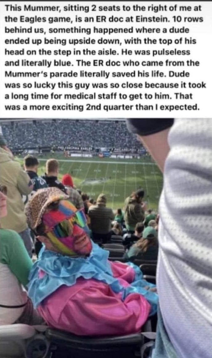 BarstoolPhilly's tweet photo. Mummer ER doctor went from the parade to the Eagles game where he saved someone’s life. 

Philly has the best fans in the world. https://t.co/an5vmlGbHd
