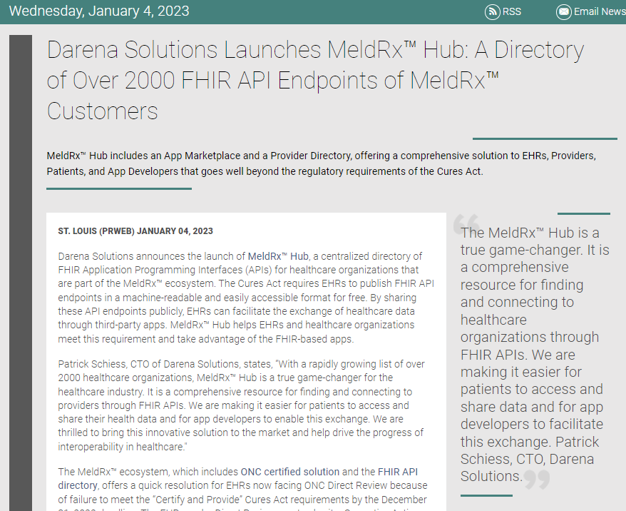 DarenaSolutions's tweet photo. We're thrilled to launch the MeldRx Hub, a comprehensive directory of over 2000 #FHIRAPIs for healthcare organizations within the #MeldRx ecosystem to help them meet #CuresAct requirements and prevent Information Blocking. https://t.co/rfpYNhakbJ https://t.co/x6Vf8H6sE9