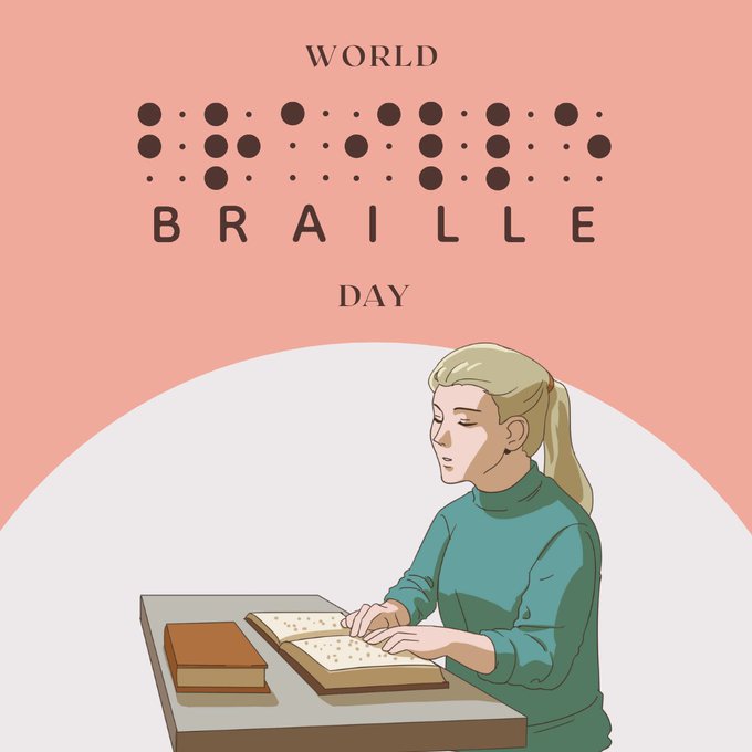Text in Braille that reads "International Braille Day" At the bottom is a blonde woman reading a book in Braille. 