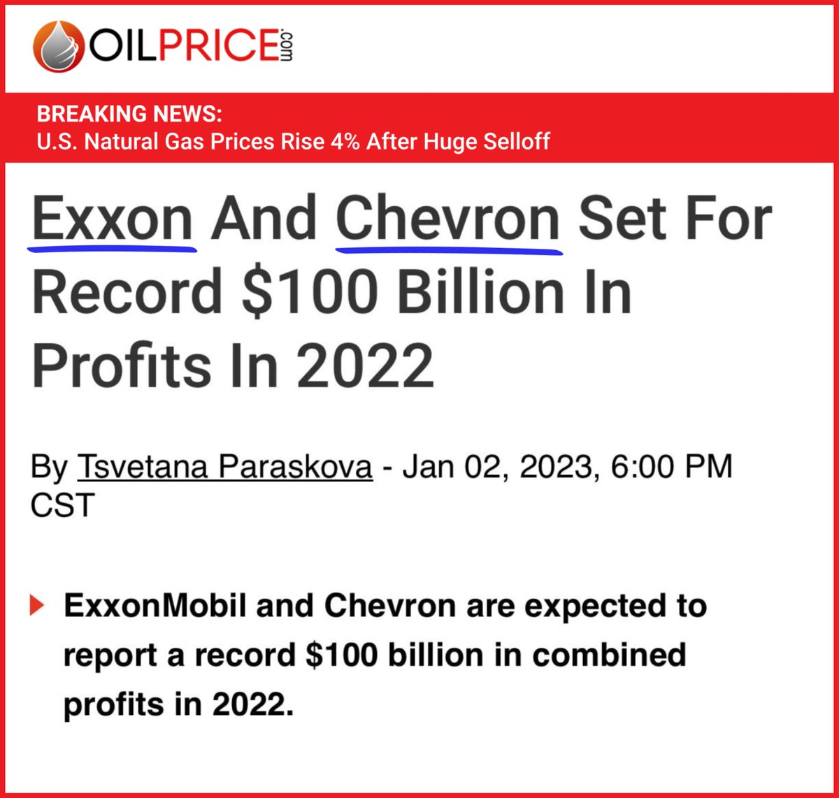 Steven Donziger (@sdonziger) on Twitter photo Appalling. As fossil fuels destroy our planet, <a href="/Chevron/">Chevron</a> and @Exxonmobil are reporting $100 billion in profits in 2022 after receiving huge public subsidies.
Biden: a windfall profits tax on the industry is critical. England did it – the US can too. 👊❤️👇oilprice.com/Energy/Energy-… Appalling. As fossil fuels destroy our planet, <a href="/Chevron/">Chevron</a> and @Exxonmobil are reporting $100 billion in profits in 2022 after receiving huge public subsidies.
Biden: a windfall profits tax on the industry is critical. England did it – the US can too. 👊❤️👇oilprice.com/Energy/Energy-…