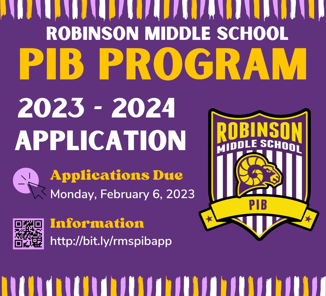 WichitaUSD259's tweet photo. It’s time to apply for 2023-24 PIB spots at @RobinsonMidSch! Families of 5th – 7th graders interested in applying for the PIB program, can go to https://t.co/DsvgzAOA7o for more info. If you have questions about the program, please email robinsonpib@usd259.net. https://t.co/yZ6DJAi3HG