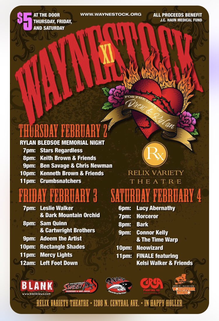 Stoked to be appearing at #WaynestockXI on Friday, February 3!!! Benefiting the J.C. Haun Medical Fund. ✌🏼