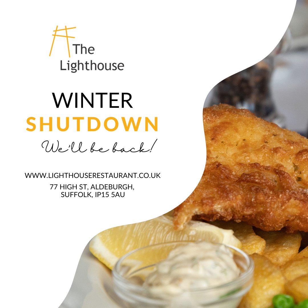 AldeLighthouse's tweet photo. Just a reminder that we are now shut
until the 1st February while the restaurant and all our
staff take a well deserved break.
Thank you all for your continued support and we look
forward to welcoming you back soon!
#TheLighthouse #Aldeburgh #WinterShutDown https://t.co/UfOKdwc1Wr