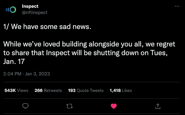 over half a million views on the goodbye thread. wow. twitter and web3 are losing a giant. thanks again for all the fun times <a href="/nftinspect/">Inspect DAO</a>  

may have to do one last final top Inspect-rankings thread for the history books before it goes down on Jan 17th...