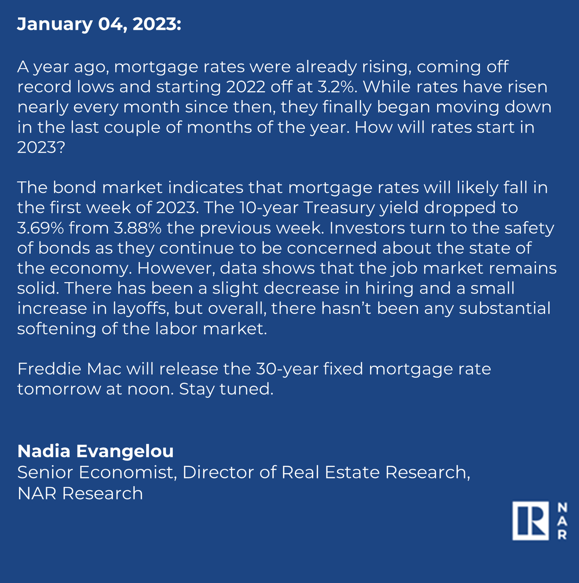 NAR_Research's tweet photo. "While rates have risen nearly every month from a year ago, they finally began moving down in the last couple of months of the year. How will rates start in 2023? Stay tuned." https://t.co/J9UmiTh9ik