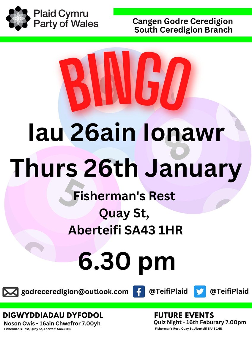 BINGO! Nos Iau 26ain o Ionawr am 6.30yh yn Fisherman's Rest Aberteifi. Digon o wobrau i'w ennill! Dewch yn llu!

BINGO! Thursday 26th of January at 6.30pm in Fisherman's Rest Cardigan. Plenty of prizes to be won!
