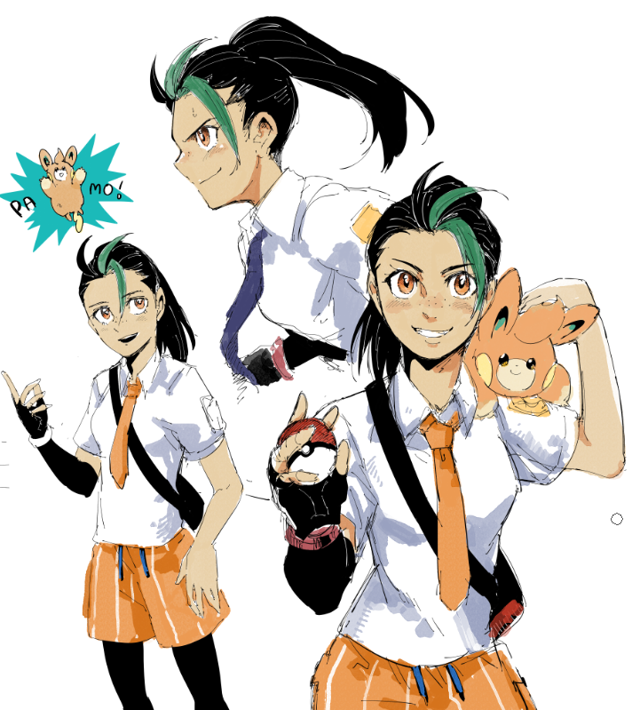 1girl poke ball holding poke ball necktie school uniform orange shorts smile  illustration images