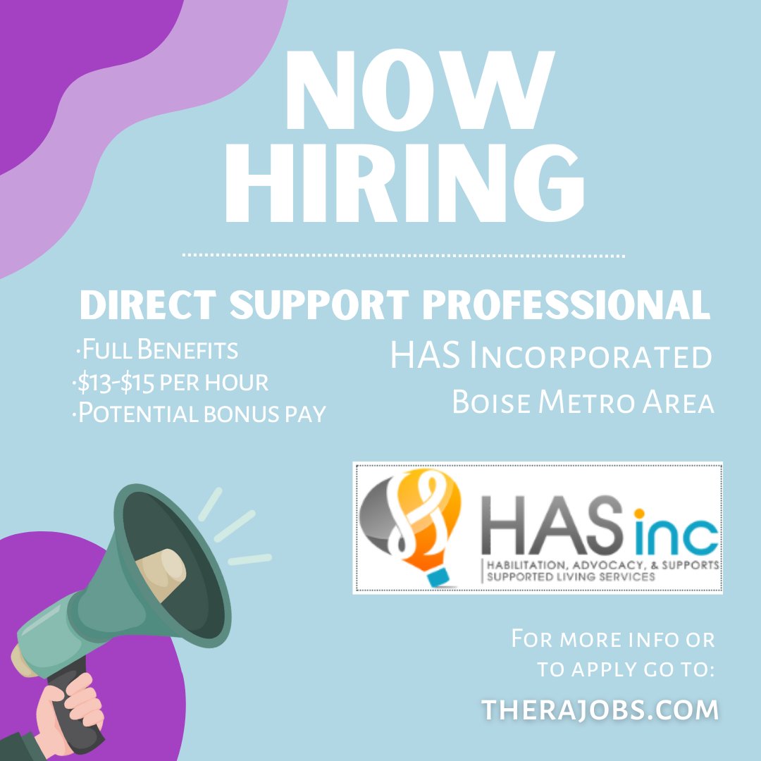 HAS Inc. is #nowhiring a Direct Support Professional in the Boise Metro Area. 

If you or someone you know would be interested please follow the link below for more details! 
therajobs.net/dspjobsid

#job #therajobs #dsp #directsupportprofessional #boise #boisejobs #idahojobs