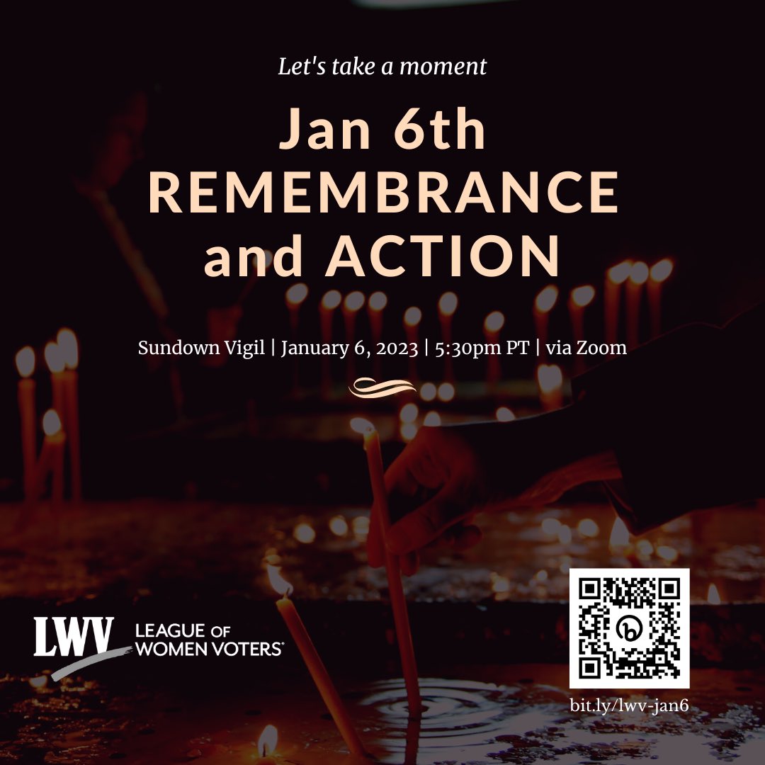This FRIDAY, 🇺🇸 🇺🇸 🇺🇸 join California Leagues and LWVUS CEO <a href="/KaseVirginia/">Virginia Kase Solomon</a> 5:30-6:30 PM PST, 1/6/23, to never forget the deadly insurrection and learn  what you can do to fortify our democracy. Hear from LWVC President @MoonGoldberg and others! Register: tinyurl.com/5aahu62x