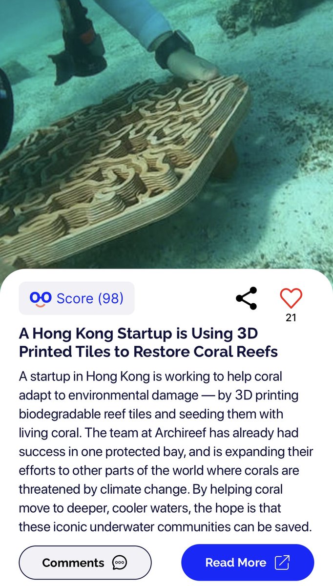 Goodable's tweet photo. In Hong Kong, a startup is 3D printing biodegradable coral reef tiles, then seeding them with living coral.

In the last two years, 95% of their coral have survived, giving scientists hope for their long-term survivability.

Learn about how they do it at https://t.co/xYH6axxwbq https://t.co/ukY3lDhRbW