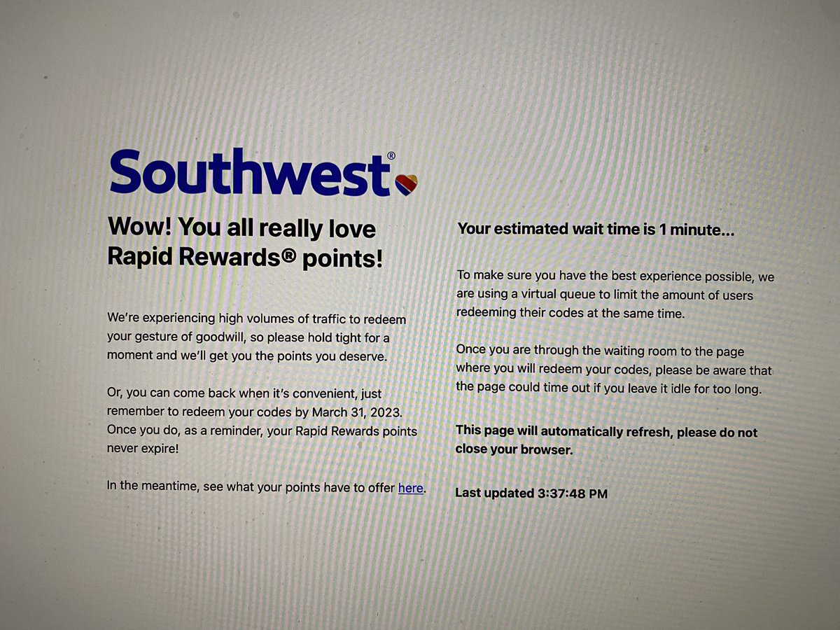 Confidence inspiring from <a href="/SouthwestAir/">Southwest Airlines</a>… Received email to redeem the 25k bonus miles for having our flights cancelled and get an error message from the website due to “high volumes of traffic.” Please tell me you are monitoring <a href="/TronCarterNLU/">Tron Carter</a>