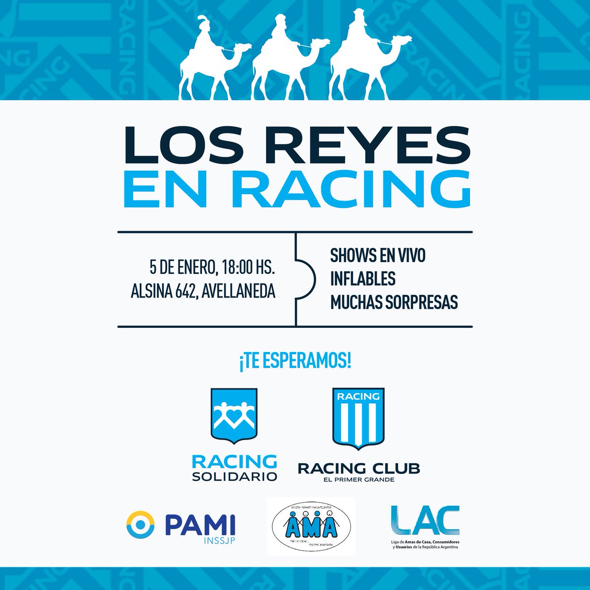 LOS REYES EN RACING

🗒 5 de Enero
🕧 18 hs 
📍 Alsina 642, Avellaneda 

Te esperamos para disfrutar con toda la familia
👑 Recibimos a los Reyes y les van a poder entregar la cartita
🎊 Juegos
🎨 Maquillaje
🎫 Shows
🎉 Y muchas sorpresas más...

<a href="/AmaxAvellaneda/">AmaxAvellaneda</a>
<a href="/RacingSolidario/">Racing Solidario</a>
