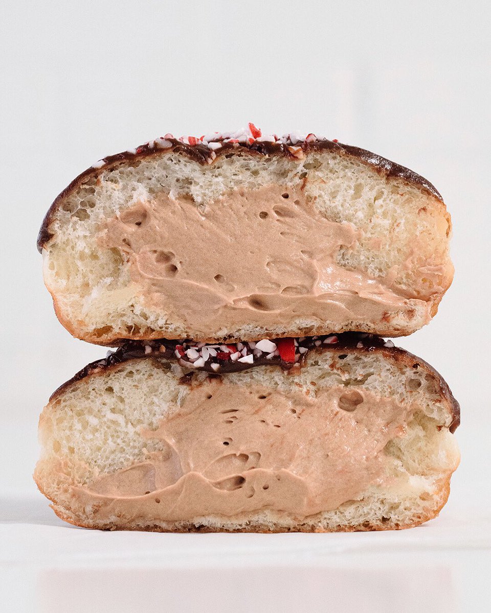 January’s doughnut of the month is brand new and pepperminty fresh 🌱 Peppermint mocha cream filling, chocolate ganache dip, and crushed peppermints. At both locations till we run out every day this month.