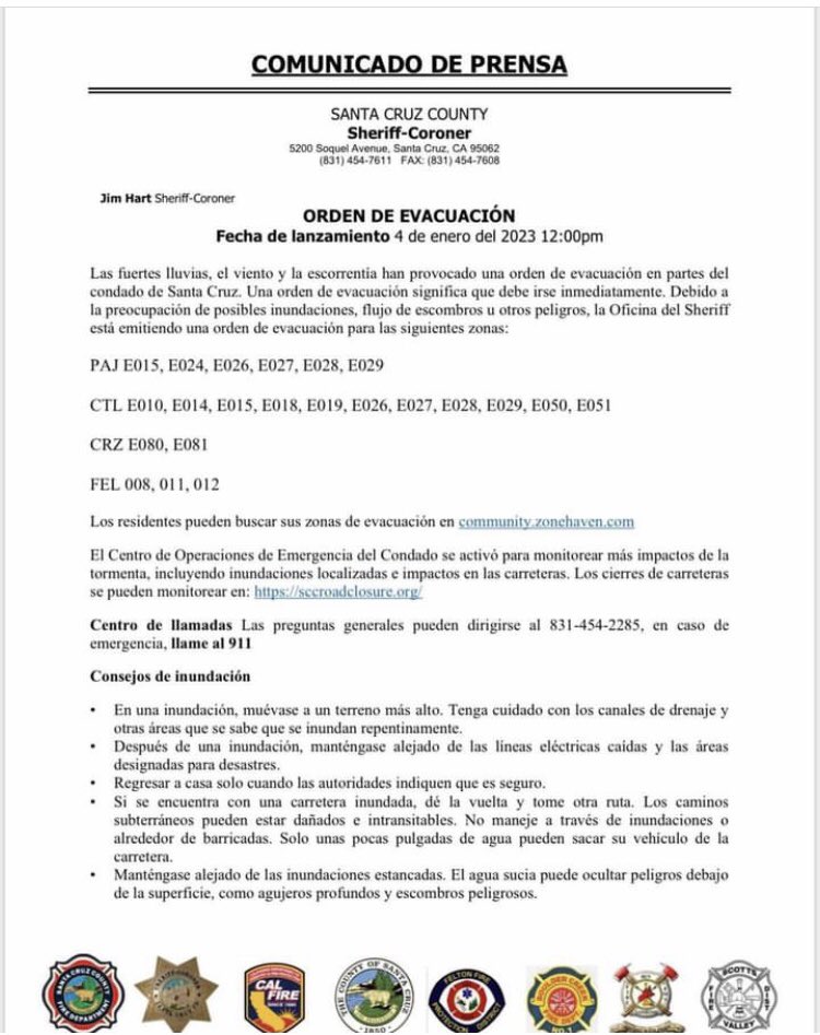 ⚠️Evacuation Order⚠️
January 4, 2023, 1:30 PM 

Heavy rains, wind and runoff have prompted an evacuation order for parts of Santa Cruz County. An evacuation order means you should leave immediately.

Residents may look up their evacuation zones at community.zonehaven.com