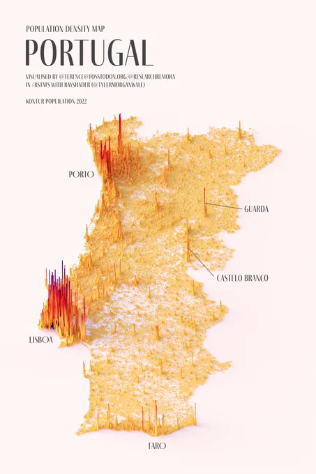 A population density map of Portugal minus outlying islands