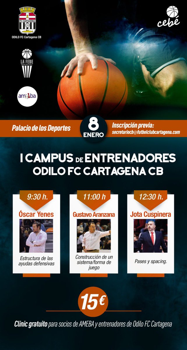 🗓️ DOMINGO 8 ENERO ‼️ 

I 𝑪𝑨𝑴𝑷𝑼𝑺 Entrenadores 
Odilo FC Cartagena CB

🏀 Os esperamos en el I Clínic que se celebrará en el palacio de los deportes de Cartagena, con la participación de👇🏻

🔳 9:30 Óscar Yenes
🔳 11:00 Gustavo Aranzana
🔳 12:30 Jota Cuspinera