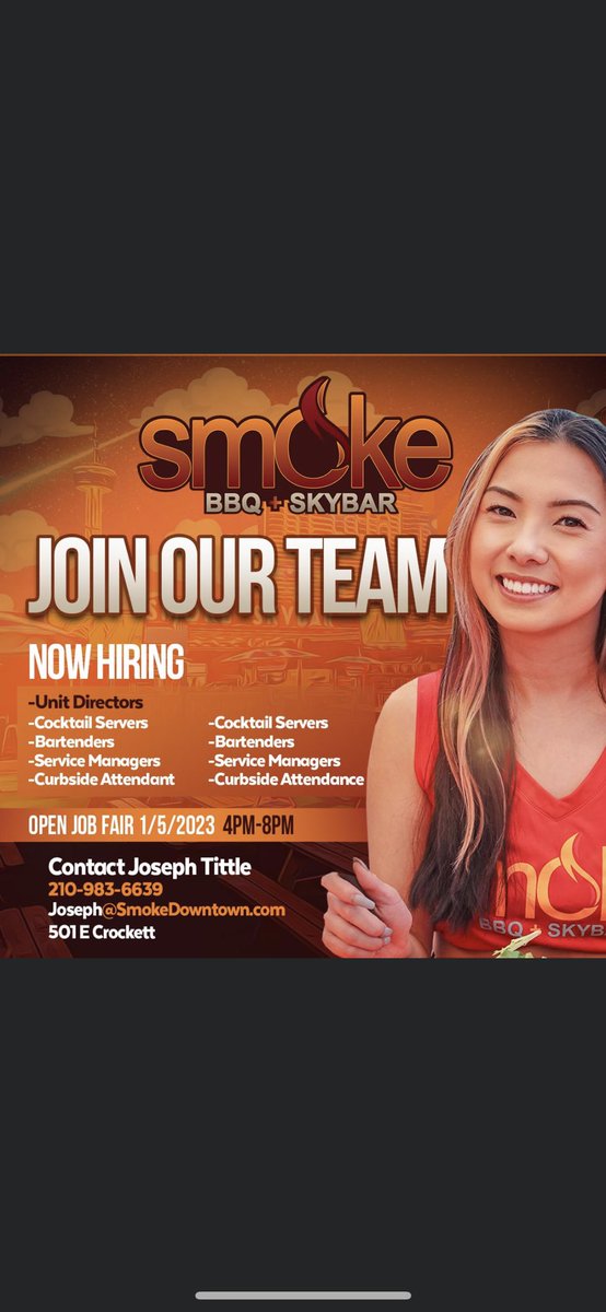 With the expansion of our newest location at Smoke Park North we are now looking for great individuals to join our team! We are also Hiring at our Flagship Location at Smoke BBQ+Skybar. Come join a Brand that is looking to really raise the bar in 2023!