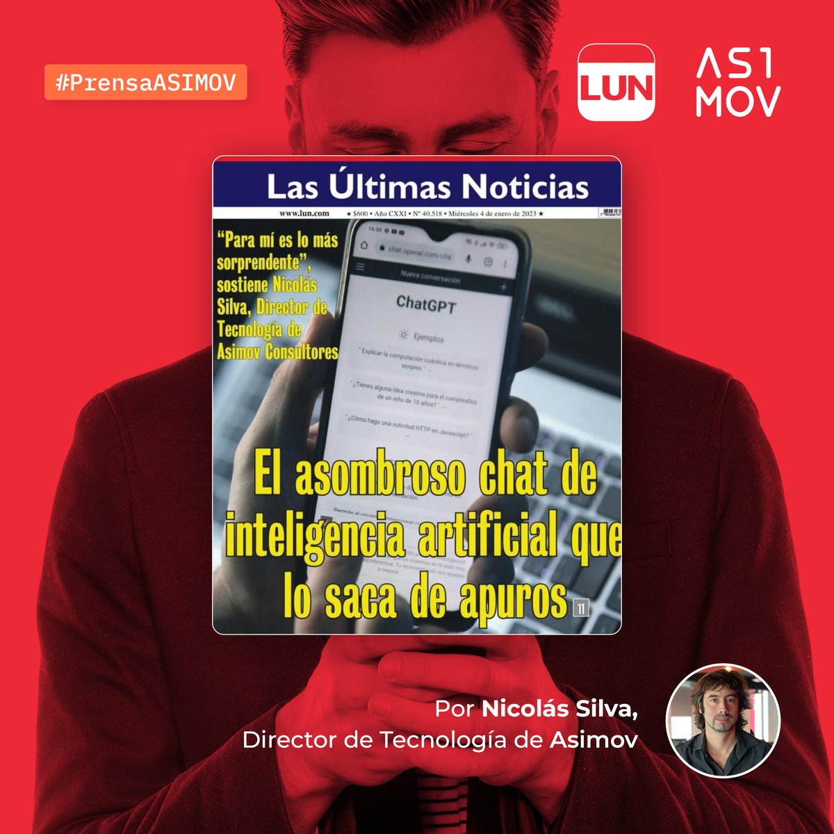 #PrensaASIMOV ¿Habías escuchado antes sobre #ChatGPT? Es un prototipo de #chatbot desarrollado con inteligencia artificial por #OpenAI en 2022. Nuestro director de #tecnología, <a href="/nsilvaherrera/">Nicolas Silva</a>, fue consultado sobre esta innovadora herramienta por <a href="/lun/">Las Últimas Noticias</a> >>> bit.ly/3ieh9rO