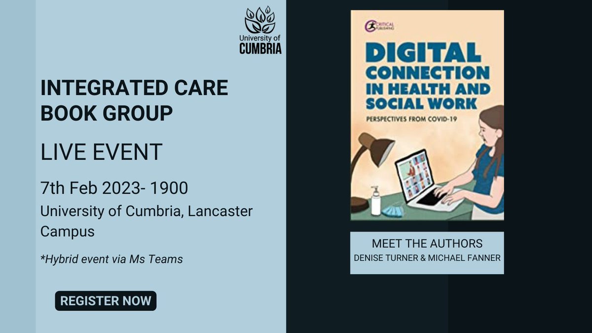 📢 ANNOUNCEMENT📢
🥳Book Group No.2

📚Integrated Care Book Group
💞Digital Connection in Health &amp; Social Work
📍Lancaster Campus 
⏰7pm
🗓️7th Feb
👋Meet the authors <a href="/DeniseT01/">Professor Denise Turner</a>
@mfann90 
✅Info &amp; Booking tinyurl.com/534ptjmy

<a href="/SWBookGroup/">SocialWork BookGroup</a>
<a href="/AMLTaylor66/">Dr Amanda ML Taylor-Beswick #digicritical</a>
<a href="/tfdavidson/">Tom Davidson 🇺🇦</a>
<a href="/UoCStuServ/">UoC Student Services</a>