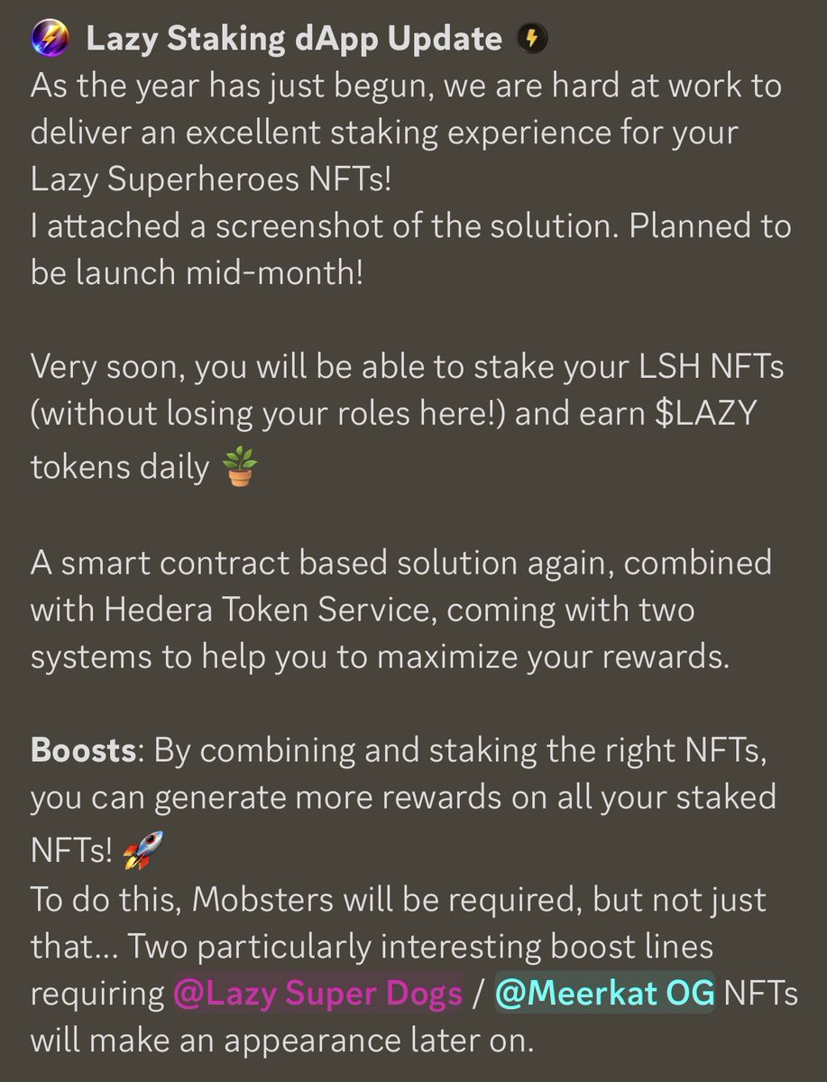 News for our holders! 🐾

Our ultra rare UR #HederaNFTs will be stakeable in <a href="/SuperheroesLazy/">Lazy Superheroes</a> dApp
Regular Lazy Super Dogs 🐕 will serve as boost for the staking.

#LazySuperheroes #LazySuperDogs