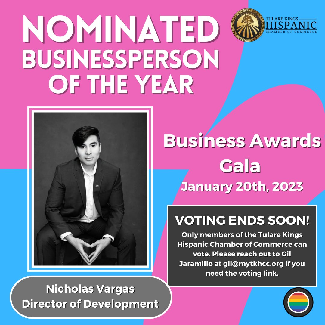 The Source LGBT+ (@thesourcelgbt) on Twitter photo Our very own Director of Development, Nicholas Vargas, has been nominated as Businessperson of the Year by the Tulare Kings Hispanic Chamber of Commerce(@tkhcc1)! Their 30th Annual Business Awards Gala will be held on January 20th and voting ends soon. Vote for Nick Vargas today! Our very own Director of Development, Nicholas Vargas, has been nominated as Businessperson of the Year by the Tulare Kings Hispanic Chamber of Commerce(@tkhcc1)! Their 30th Annual Business Awards Gala will be held on January 20th and voting ends soon. Vote for Nick Vargas today!