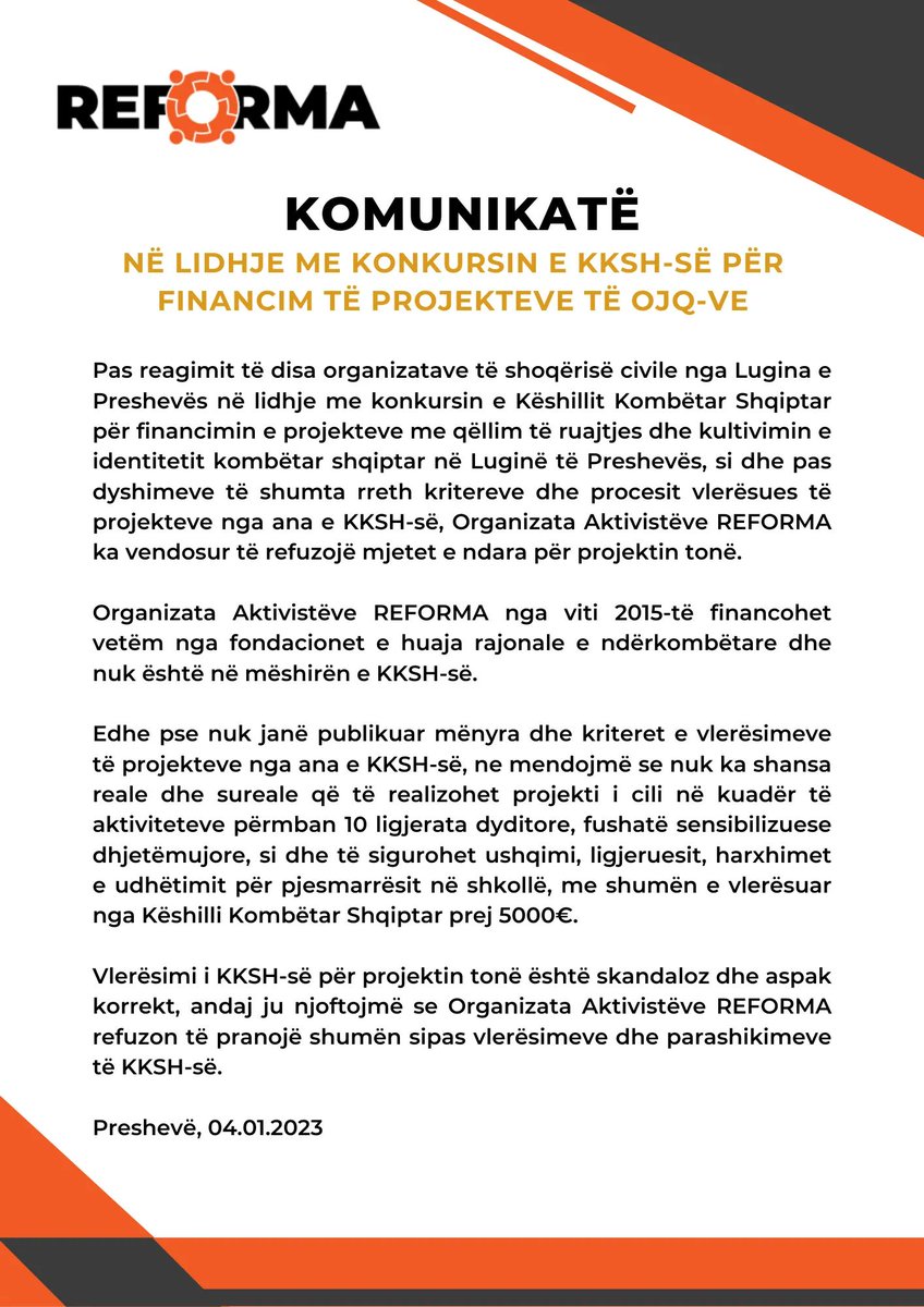 REFORMOHU's tweet photo. Organizata REFORMA nuk është në mëshirën e KKSH-së dhe refuzon të pranojë shumën sipas vlerësimeve dhe parashikimeve të pabaza. https://t.co/ov6HHssh6u