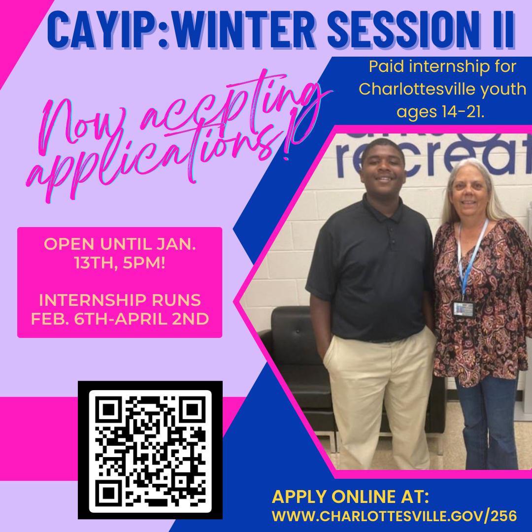 CAYIPCville's tweet photo. The application window for CAYIPCville Winter Session II is open! This is a paid internship for Cville Youth ages 14 to 21.
To learn more and apply go to: https://t.co/FiFSYWrPFT
#internship #Cville #intern https://t.co/k3pi2woLFY