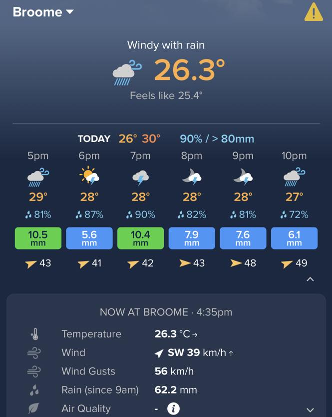 JayStill4's tweet photo. #Wet #Season definitely has arrived for #Broome recording 206mm to 9am Tuesday and another 62mm since 9am Wednesday.
EX #CycloneEllie is the reason for all this #rainfall as she basically is stationary over the #Kimberley region dumping very large rainfalls over the past 2 weeks. https://t.co/PsadHEOxyC