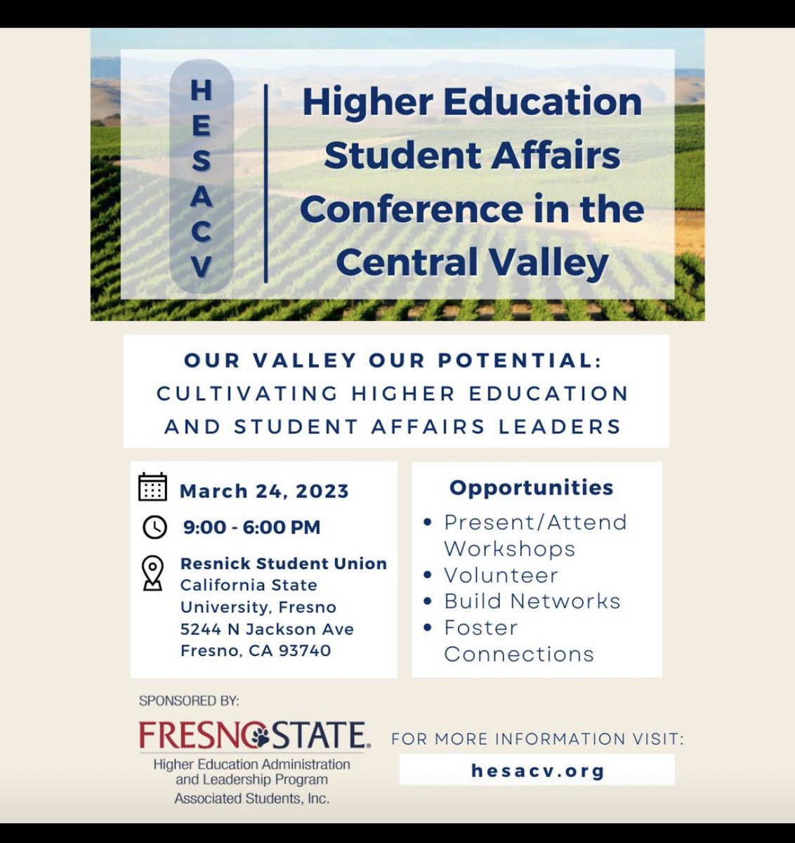 #prodev OPPORTUNITY: The inaugural Higher Education and Student Affairs in the Central Valley Conference on March 24, 2023! Registration is FREE! And we are soliciting proposals from our Central Valley partners! hesacv.org #SAPro #TRIOworks #gearupworks