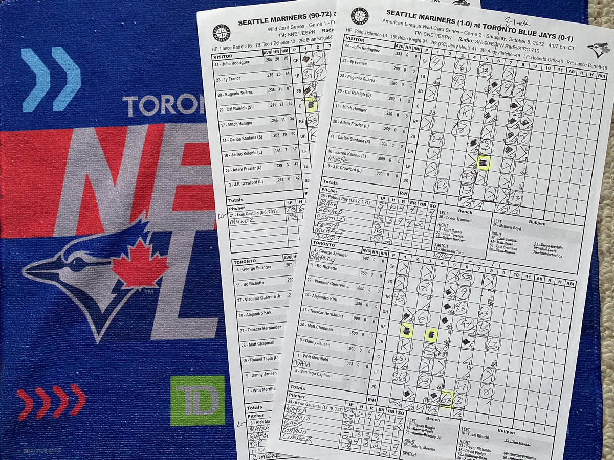SNETCampbell's tweet photo. I’m offering my completed scorecards plus a seat towel from the #BlueJays two-game heart-breaking Wild Card series against Seattle. Money goes to the LifeHouse Women’s Shelter in Summerside, PEI. Send me a DM. Will select highest offer. https://t.co/hCJV86iNWw